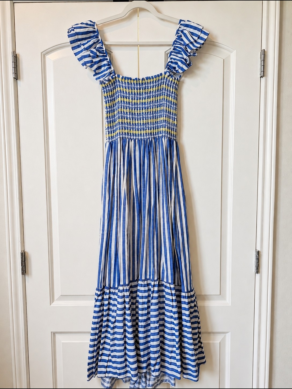 NWT: Blue & White Striped Smocked Linen Blend Midi Dress - Large